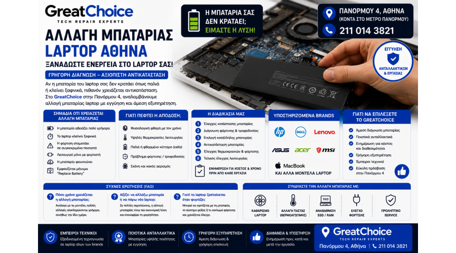 Αλλαγή Μπαταρίας Laptop Αθήνα – Service Laptop στο GreatChoice