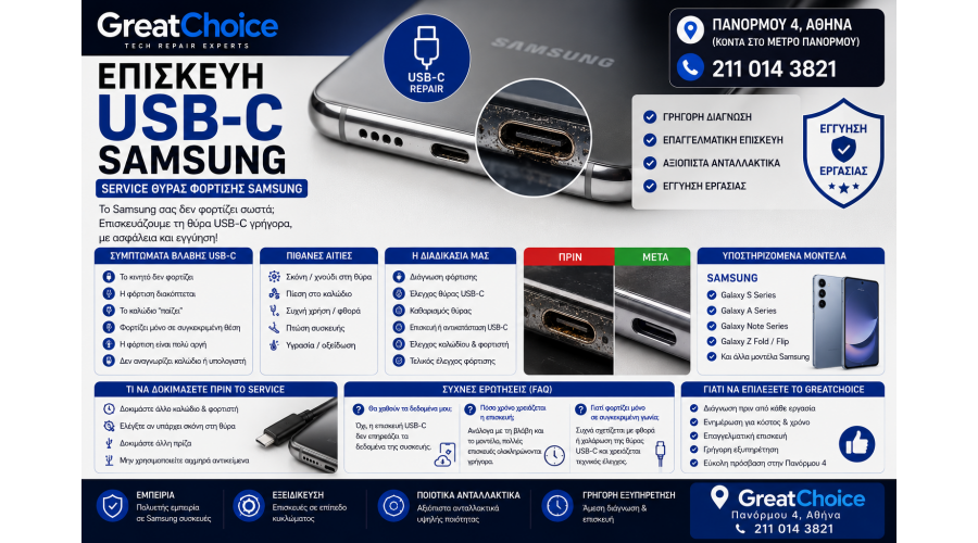 Επισκευή USB-C Samsung Αθήνα – Service Θύρας Φόρτισης Samsung