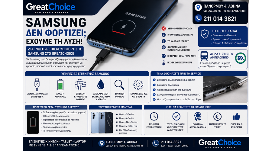 Samsung Δεν Φορτίζει – Service Samsung στο GreatChoice Αθήνα